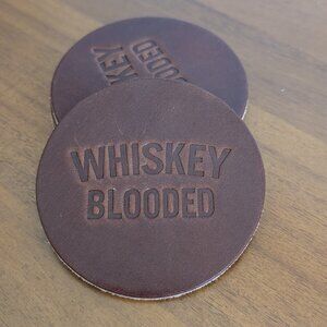 Made in USA Genuine Leather Coaster Set (4) – “Whiskey Blooded” – Dark Brown